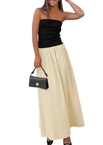 PRETTYGARDEN Women's 2025 Spring Strapless Maxi Dresses Patchwork Long Flowy Pockets Elegant Going Out Summer Tube Top Dress (Apricot,Small) - Image 1