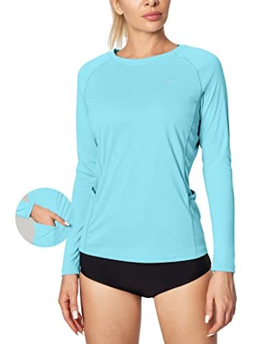 IUGA Rash Guard for Women UPF 50+ SPF UV Protection Long Sleeve Workout Tops with Pockets Dry Fit Hiking Swim Shirt Light Blue - Image 1