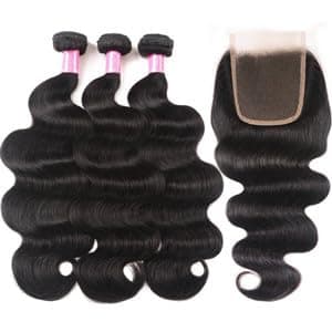 YISEA Brazilian Body Wave Bundles with Closure(16 18 20+14 Closure) Human Hair 3 Bundles with 4x4 Lace Closure Braziian Virgin Human Hair - Image 2