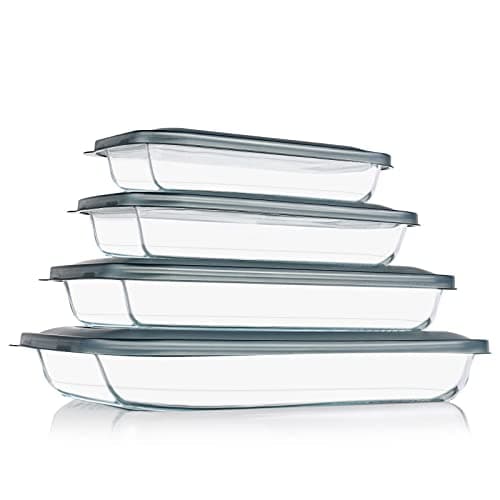 KOMUEE 8 Pieces Glass Baking Dish with Lids Rectangular Glass Baking Pan Bakeware Set with Lids, Baking Pans for Lasagna, Leftovers, Cooking, Kitchen, Fridge-to-Oven, Gray - Image 1