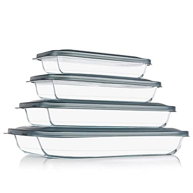 KOMUEE 8 Pieces Glass Baking Dish with Lids Rectangular Glass Baking Pan Bakeware Set with Lids, Baking Pans for Lasagna, Leftovers, Cooking, Kitchen, Fridge-to-Oven, Gray - Image 1