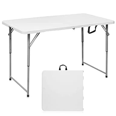 Byliable Folding Table 4 Foot Portable Heavy Duty Plastic Fold-in-Half Utility Table Small Indoor Outdoor Adjustable Height Folding with Carrying Handle, Camping and Party,White - Image 1