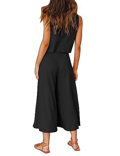 ROYLAMP Women's Summer 2 Piece Outfits Round neck Crop Basic Top Cropped Wide Leg pants Set Jumpsuits Black S - Image 4