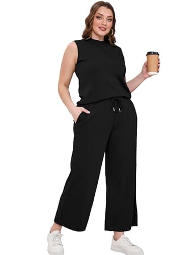 Sampeel Two Piece Set for Women Summer Outfits Matching Sets Women Clothing Lounge Sets Business Casual Outfits Travel Mock Neck Tops Wide Leg Pants Set Black XL - Image 4
