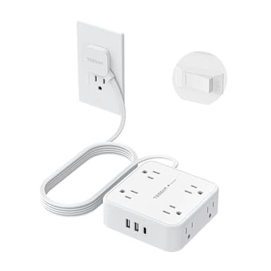 TESSAN 10 Ft Flat Plug Extension Cord with Multiple Outlets, Surge Protector Power Strip with 3 USB(1 USB C) 8 Outlets, 900J Protection, Desk Charging Station for Home, Dorm Room Essentials, White - Image 1