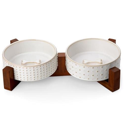 MALACASA Dog Bowl Set with Walnut Wood Stand, 1.5 Cups Ceramic Pet Bowls for Puppy Dogs, Dual Food and Water Bowls with Weighted Non-Slip Base, Basic Bowls for Your Dog or Cat, Rhombic & Polka Dots - Image 1