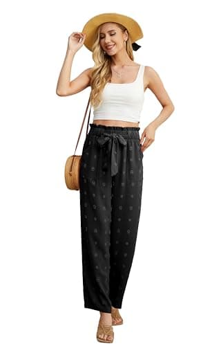 IWOLLENCE Women's Wide Leg Pants with Pockets High Waist Adjustable Knot Loose Casual Trousers Business Work Casual Pants TH Black L - Image 3