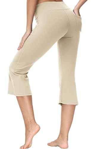 Cakulo Womens Capri Yoga Flare Pants Workout Athletic Active Summer Bootcut Capris Leggings Pockets Khaki M - Image 2