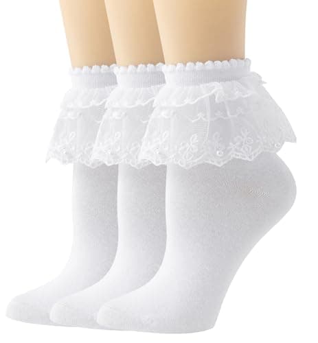 YASIDI Women Lace Ruffle Frilly Ankle Socks with Pearl Lace (Cotton, White-3 Pairs) - Image 1