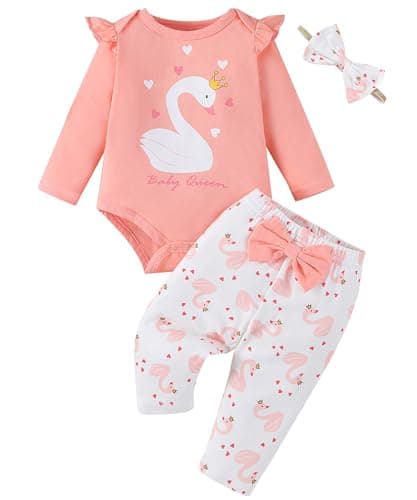 Fullfamous Baby Girl Clothes Gifts Outfits,Fall Winter Long Sleeve Romper and Pant Set Little Swan 12-18 months - Image 1