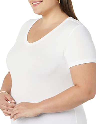 Amazon Essentials Women's Slim-Fit Short-Sleeve V-Neck T-Shirt, Pack of 2, White/Light Camel, XX-Large - Image 4