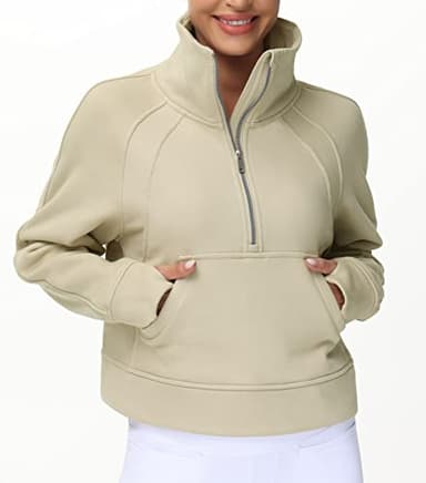 THE GYM PEOPLE Women's Half Zip Pullover Sweatshirt Fleece Stand Collar Crop Sweatshirt with Pockets Thumb Hole Khaki - Image 3