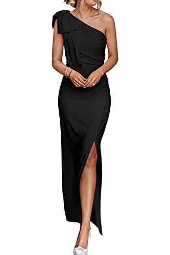PRETTYGARDEN Women's Summer One Shoulder Long Formal Dresses Sleeveless Ruched Bodycon Wedding Guest Slit Maxi Dress (Black,Medium) - Image 1