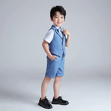 LOLANTA Big Boys 4PCs Waistcoat Slim fit Suit, Birthday Party Outfits, Vest, Shirt, Shorts, Bow Tie Formal Occasions(11-12 Years, Blue) - Image 2