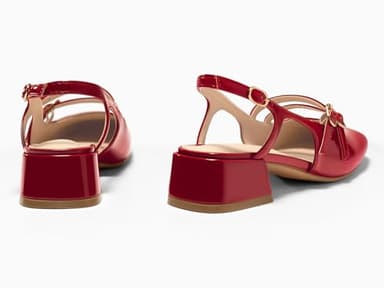 Coutgo Womens Mary Jane Chunky Low Heels Slingback Pumps Closed Square Toe Wedding Dress Shoes, Red, Size 7.5 - Image 5