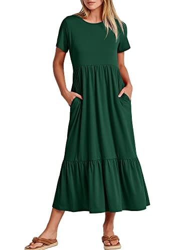 ANRABESS Womens 2025 Summer Casual Maxi Dress A line Tiered Flowy Short Sleeve Crewneck T Shirt Beach Travel Long Dresses Small Deep Green