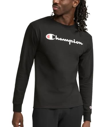 Champion Men's Long Sleeve T-Shirt, Standard Fit, C, Available in Regular and Big & Tall, Black-Classic Script Logo, Small - Image 1