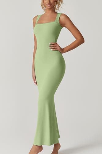 QINSEN Women's Square Neck with Lace Detail Long Maxi Dress Sleeveless Lounge Ribbed Full Length Dresses Green S - Image 3