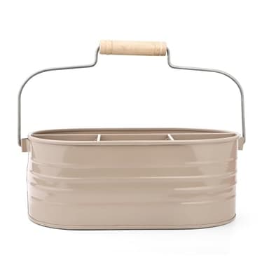 Alpha Living Home Multi-Functional Utensil Caddy – 4-Compartment Organizer for Kitchen, Party & Office – Durable Beige Powder-Coated Iron Alloy with Wooden Handle - Image 4