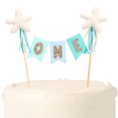 Felt Bunting Gold Glitter Cake Topper - First Birthday Party Decorations,1st Star Glitter Cake Bunting Topper,One Year Old Photo Prop (Blue One) - Image 1