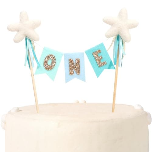 Felt Bunting Gold Glitter Cake Topper - First Birthday Party Decorations,1st Star Glitter Cake Bunting Topper,One Year Old Photo Prop (Blue One)