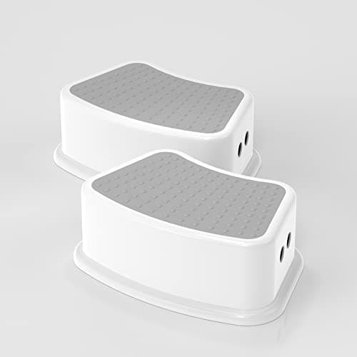 UNCLE WU 2 Pack Kids Step Stool - Toddler Step Up Stool for Kitchen - Bathroom Safety Bottom as Potty Training Stool - Slip-Resistant Surface1 Step Stool for Kids/Adult (Gray White) - Image 1