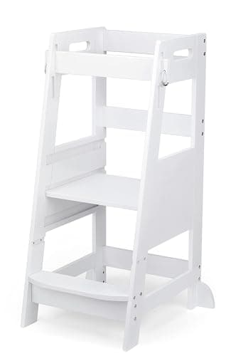 TOETOL Bamboo Toddler Kitchen Step Stool White Helper Standing Tower Height Adjustable with Anti-Slip Protection for Kids Kitchen Counter Learning - Image 1