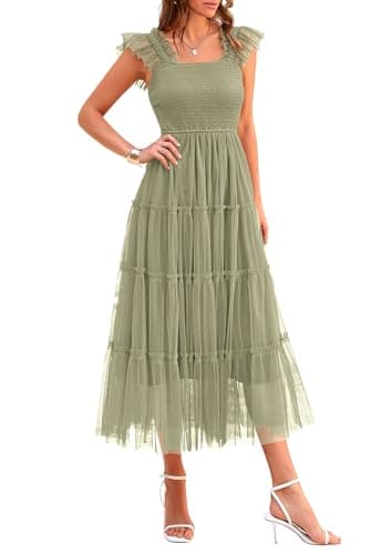 PRETTYGARDEN Women's Summer Midi Tulle Dress Sleeveless Smocked Square Neck Ruffle Flowy Party Wedding Guest Sundress (Light Green,Small) - Image 1