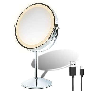 Aoglenic Makeup Mirror with Light, 8 inch Rechargeable 1X 10X Magnifying Mirror, Lighted Vanity Mirror with Magnification, Double Sided 360° Rotation, 3 Colors and Brightness Adjustable - Image 1