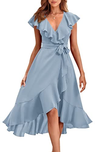 PRETTYGARDEN Women's Summer Cross Maxi Dress Casual Boho Deep V Neck Short Sleeve Ruffle Hem Split Beach Long Dresses (Light Blue,X-Large) - Image 1