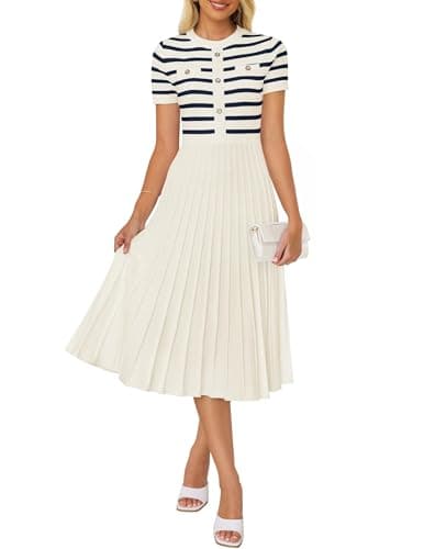 ZESICA Women's 2025 Casual Striped Midi Dress Crewneck Short Sleeve Button Ribbed Knit Swing Pleated A Line Dresses,Beige,Small - Image 1