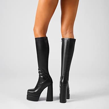 wetkiss Black Platform Knee High Boots Women Black Women's Knee-high Gogo Boots Chunky Long 70s Boot Stretch Leather Square Toe Party Festival Cosplay Halloween - Image 6