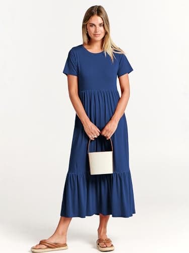 ANRABESS Womens 2025 Summer Casual Maxi Dress A line Tiered Flowy Short Sleeve Crewneck T Shirt Beach Travel Long Dresses Medium Blue - Image 2