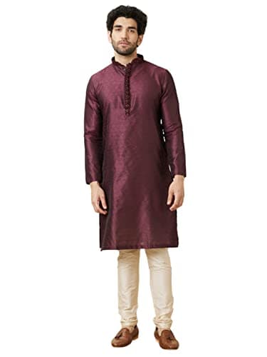 Manyavar Men Art Silk Self Design Full Sleeves Knee Length Kurta Set L WINE - Image 1