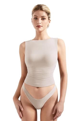 SUUKSESS Women Double Lined Sleeveless Going Out Basic Tank Tops Ruched Summer Casual T Shirts (Beige, Medium) - Image 5