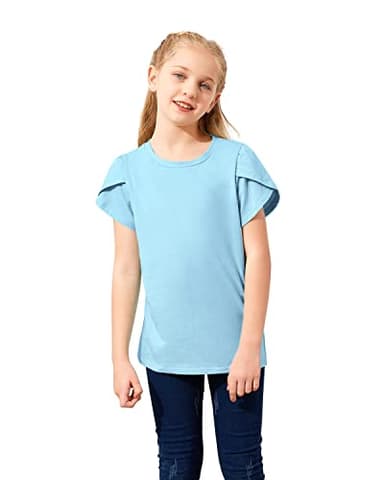 Goranbon Girls' Summer T Shirts Crewneck Petal Short Sleeve Cute Casual Tops A-Sky Blue - Image 5