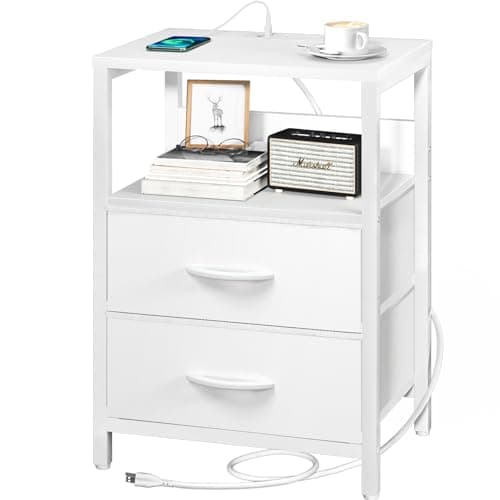 Yoobure Nightstand with Charging Station, Small Night Stand with Fabric Drawers and Storage Shelf for Bedrooms, Nightstands for Small Spaces, Bedside Table with USB Ports & Outlets, Bed Side Table - Image 1