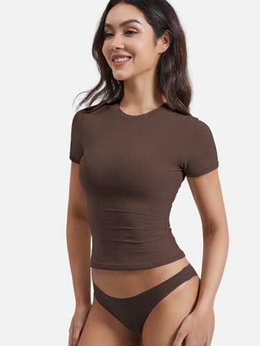 YEOREO Women Fitted Workout Tops Short Sleeve Double Lined Basic Y2K Going Out Crew Neck Compression Crop Top Coffee M - Image 3