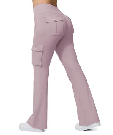 Yoga Flare Leggings for Women High Waisted Yoga Casual Pants Workout Leggings Cargo with 6 Pockets Bootcut Pants,Purple Pink XL - Image 1