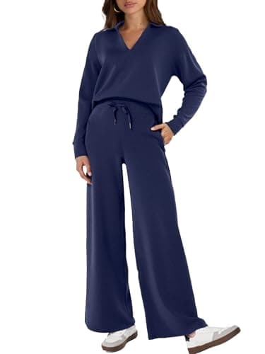 Glamaker Womens Sets 2 Piece Outfits Long Sleeve Polo V Neck Air Essentials Tracksuit Travel Set Women Clothes (Navy Blue M) - Image 1