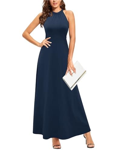 STYLEWORD Women's Summer Halter Neck Long Formal Dress Sexy Sleeveless Cocktail Evening Party Wedding Guest Maxi Dresses(Navy,M) - Image 1