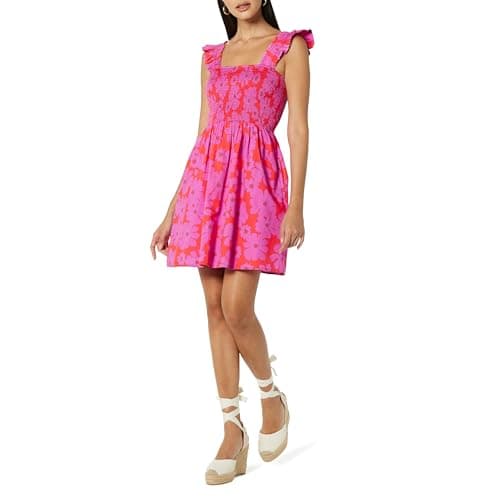 The Drop Women's Kari Ruffled-Shoulder Smocked Mini Dress Tomato Red/Pink Retro Floral Print, S - Image 1