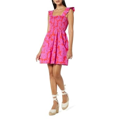 The Drop Women's Kari Ruffled-Shoulder Smocked Mini Dress Tomato Red/Pink Retro Floral Print, S - Image 1