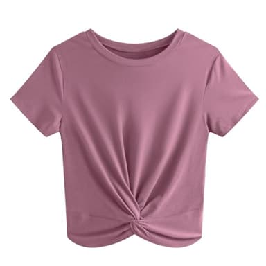 JINKESI Women's Summer Causal Short Sleeve Blouse Round Neck Crop Tops Twist Front Tee T-Shirt Gray Purple-Large - Image 1