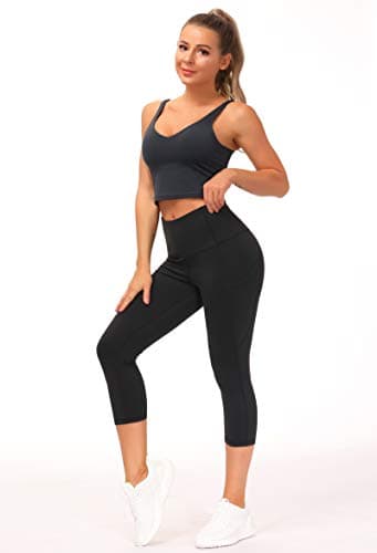 THE GYM PEOPLE Thick High Waist Capris Yoga Pants with Pockets, Tummy Control Workout Running Yoga Leggings for Women Black - Image 2