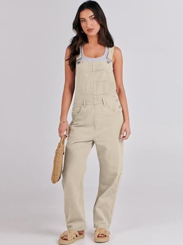 ANRABESS Overalls for Women Loose Fit Denim Overalls Adjustable Strap Jean Jumpsuit Bib Romper 2025 Fall Casual Work Outfits Apricot Small - Image 7