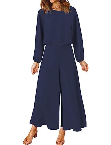 ROYLAMP Women's Fall 2 Piece Outfits Long Sleeve Round Neck Crop Top Wide Leg Pants Set with Pockets Navy Blue XXL - Image 1