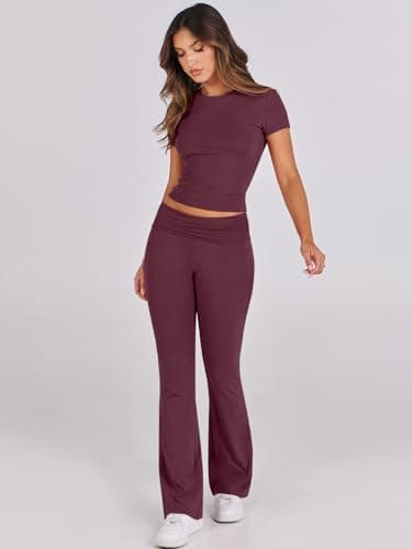 ANRABESS Lounge Sets for Women 2 Piece Foldover Yoga Flare Leggings Pants Crop Tops Casual Y2K Outfits Matching Tracksuit Set Burgundy XX-Large - Image 8