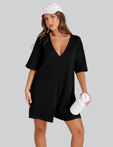 UANEO Rompers for Women Casual Oversized Athletic Jumpsuits Overalls Workout Hot Shot Tee Romper (Black-S) - Image 7