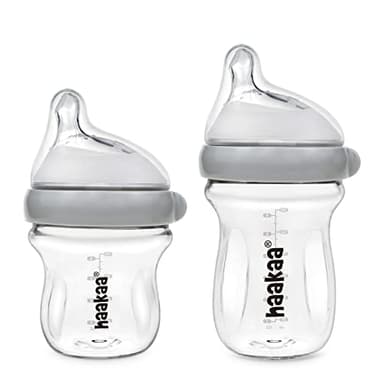 haakaa Gen.3 Natural Glass Baby Bottle Set 4.2oz & 6oz - Wide Neck Anti-Colic Slow Varibale Flow Nipple, 0M+ 3M+ 6M+ Breastfed Babies - Image 1